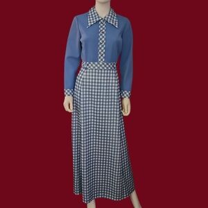 VTG JENNIFER GEE 1970s Baby Blue and White Gingham Long Sleeve Maxi Dress